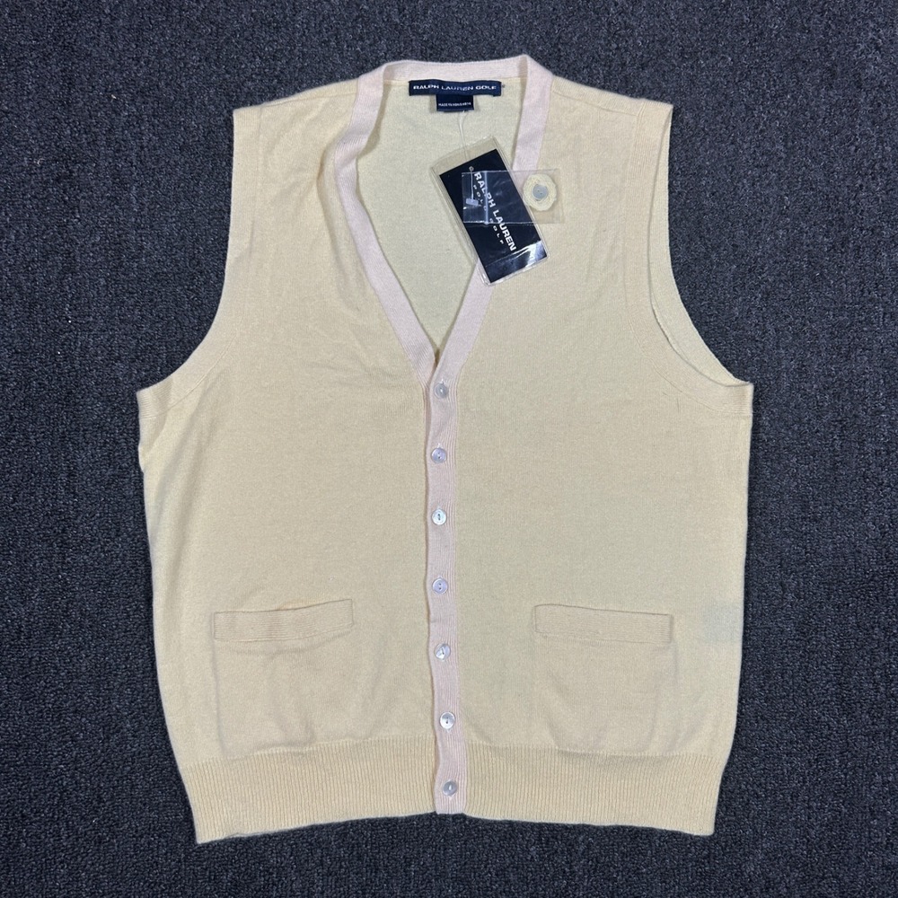 Ralph Lauren Golf Vest Womens M Yellow New 100% Cashmere Button Cardigan 37395